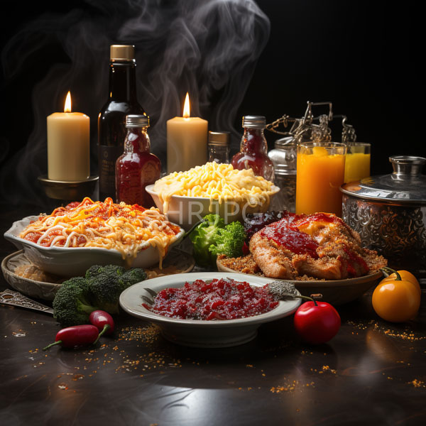 High Resolution: Richly detailed dimly lit table setting features various Italian dishes including pasta with tomato sauce garlic bread mozzarella broccoli cherry tomatoes and lit candles download. | HRJPG.com