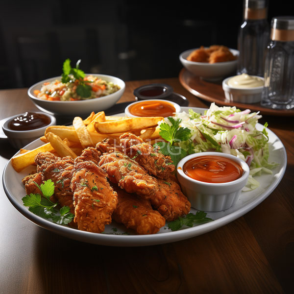 High Resolution: Wooden table features a white plate with crispy golden-brown fried fish pieces golden fries a small cup of red sauce and a side salad download. | HRJPG.com
