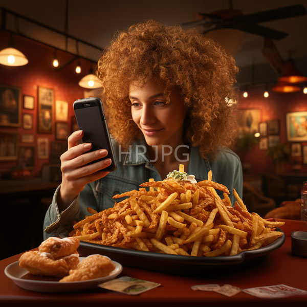 High Resolution: Curly-haired light-skinned woman with a warm smile wears a denim shirt taking a selfie while seated at a restaurant table with a large plate of golden crispy fries download. | HRJPG.com