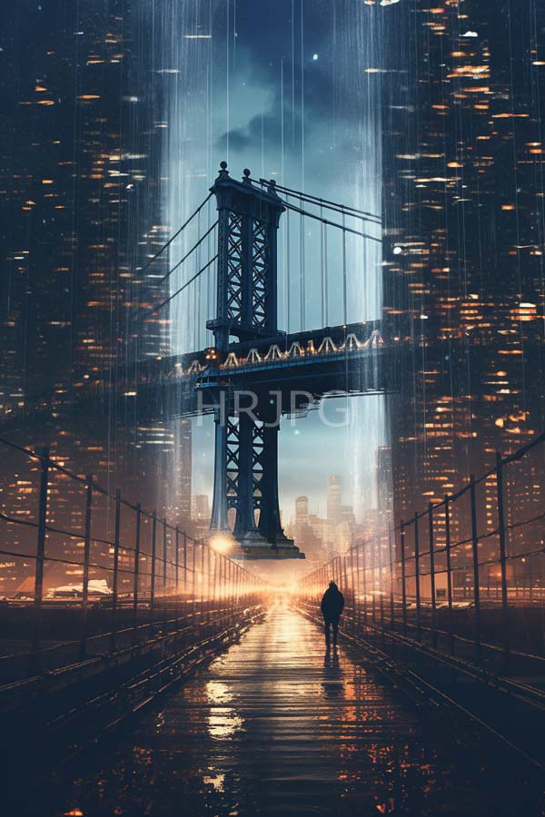 High Resolution: Rainy night scene on a bridge features a lone figure standing in the center with the bridge illuminated by city lights creating a reflective wet surface download. | HRJPG.com