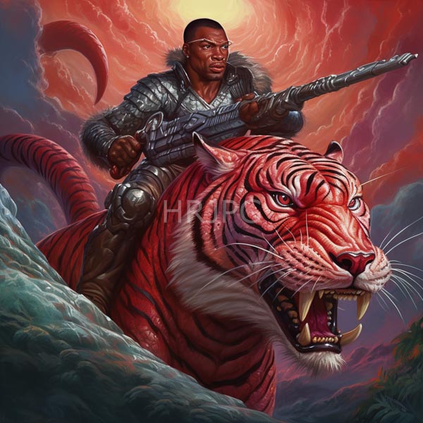 High Resolution: Muscular Black man with a shaved head wearing metallic armor and holding a sword rides a fierce roaring red tiger with white stripes against a dramatic fiery sunset download. | HRJPG.com