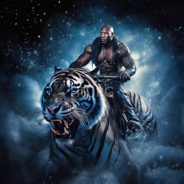High Resolution: Muscular bald Black man with a stern expression rides a fierce roaring tiger through a snowy misty night wearing a fur-lined open jacket download. | HRJPG.com