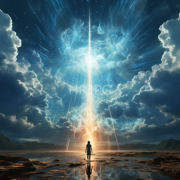 High Resolution: Lone figure in a long coat stands on a reflective rocky landscape facing a radiant celestial beam of light that pierces a dramatic cloud-filled sky download. | HRJPG.com