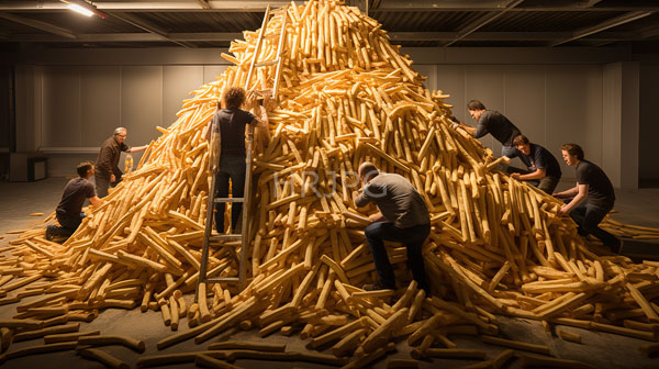 High Resolution: Seven men in dark shirts and jeans work together to build a towering pile of golden French fries in a dimly lit industrial warehouse with a wooden ladder on the side download. | HRJPG.com