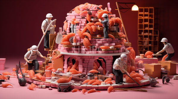 High Resolution: Surreal pink-brick construction scene features five workers in white helmets and shirts handling large fluffy pink foam-like materials to build a multi-tiered cylindrical structure download. | HRJPG.com
