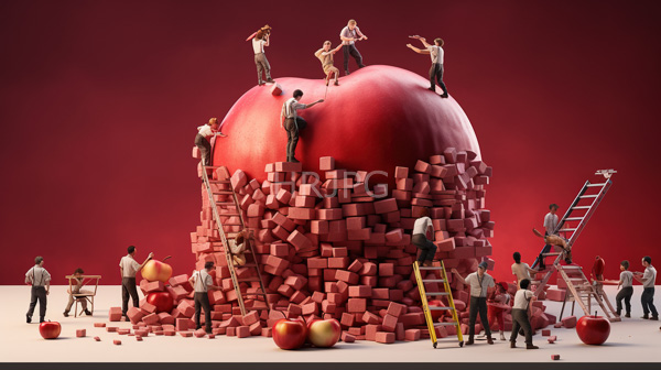 High Resolution: Group of diverse men dressed in business attire climb and interact with a massive red apple surrounded by scattered red bricks and two ladders download. | HRJPG.com