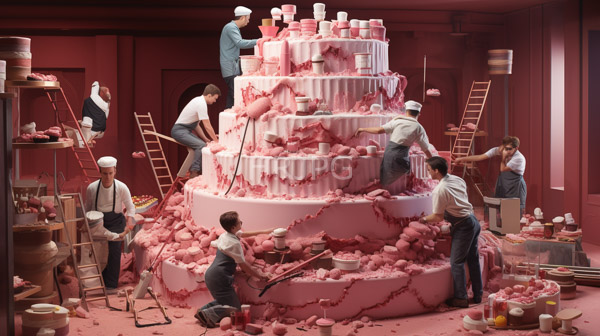 High Resolution: Bakery interior features six male bakers all wearing white caps and aprons constructing a massive multi-tiered pink cake adorned with pink icing and decorations using ladders and tools download. | HRJPG.com