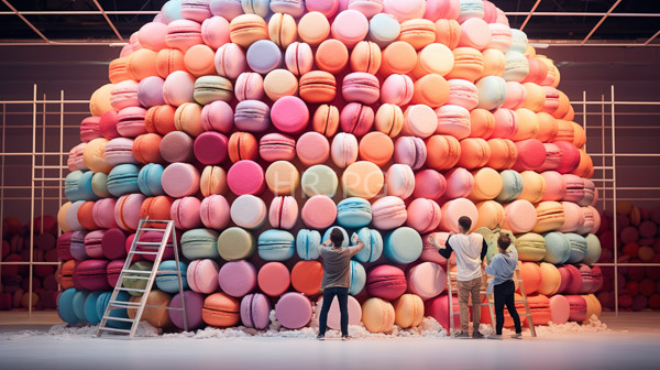 High Resolution: Large colorful installation of stacked pastel macarons in pink blue yellow and green has four people standing in front admiring the structure with a white ladder leaning against it download. | HRJPG.com