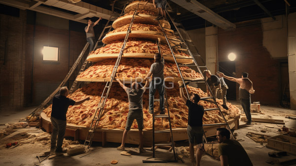 High Resolution: Dimly lit industrial warehouse has a massive pyramid-shaped stack of pepperoni pizza slices held together by wooden ladders with seven shirtless muscular men interacting with it download. | HRJPG.com