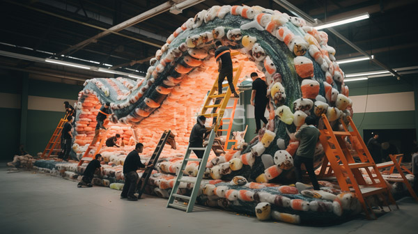 High Resolution: Indoor art installation features a large serpentine structure made of colorful inflated balloons in shades of orange white and green with several artists working on it using ladders and tools download. | HRJPG.com