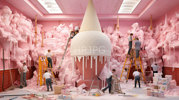 High Resolution: Surreal pink-themed room filled with fluffy pink cotton candy-like clouds has eight men in white shirts and blue jeans working on ladders constructing a large white cone-shaped ice cream structure download. | HRJPG.com