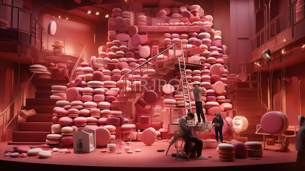 High Resolution: Pink-themed macaron-filled warehouse has two figures interacting amidst towering stacks of pink and white macarons with staircases and shelves filled with macarons download. | HRJPG.com