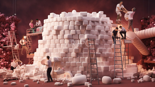 High Resolution: Group of diverse individuals constructs a large white cube-shaped structure made of foam blocks using ladders and a platform against a warm reddish-pink gradient background download. | HRJPG.com