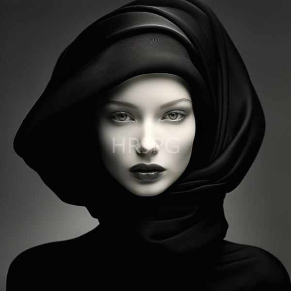High Resolution: High-contrast black-and-white photograph of a woman with pale skin and striking features wears a voluminous black draped headscarf that covers her hair and neck download. | HRJPG.com