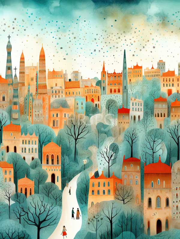High Resolution: Whimsical pastel-colored cityscape with a winding path leading through leafless trees features a mix of Gothic and Romanesque architectural styles download. | HRJPG.com