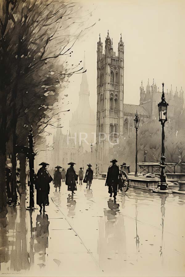 High Resolution: Black-and-white watercolor painting depicts a rainy foggy street scene with Gothic architecture and silhouetted figures in dark 19th-century-style coats walking on a wet reflective street download. | HRJPG.com