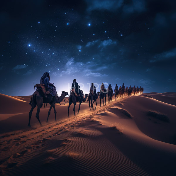 High Resolution: Nighttime desert scene features a caravan of 12 people riding camels in a single file line beneath a starry sky with a bright glowing horizon download. | HRJPG.com