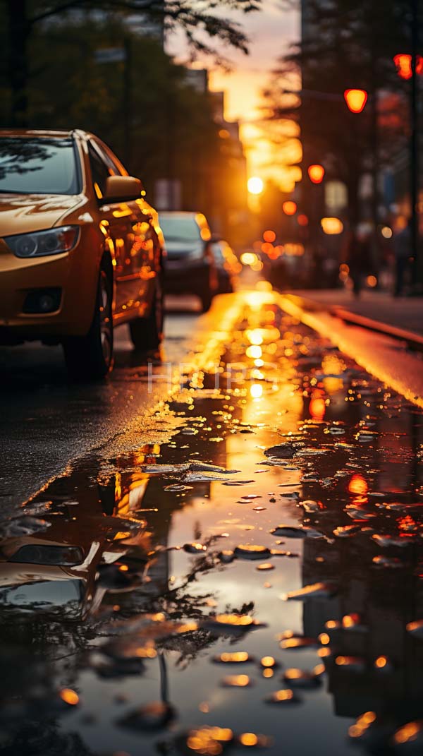 High Resolution: Rainy urban street at sunset features a yellow car wet pavement with reflective puddles and blurred city lights in the background with the sun's orange glow download. | HRJPG.com
