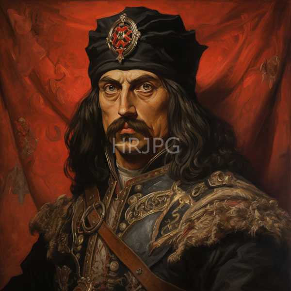 High Resolution: Detailed realistic oil painting of a stern-looking middle-aged man with long wavy black hair and a thick mustache wears a black ornate headpiece and an elaborate fur-trimmed coat download. | HRJPG.com