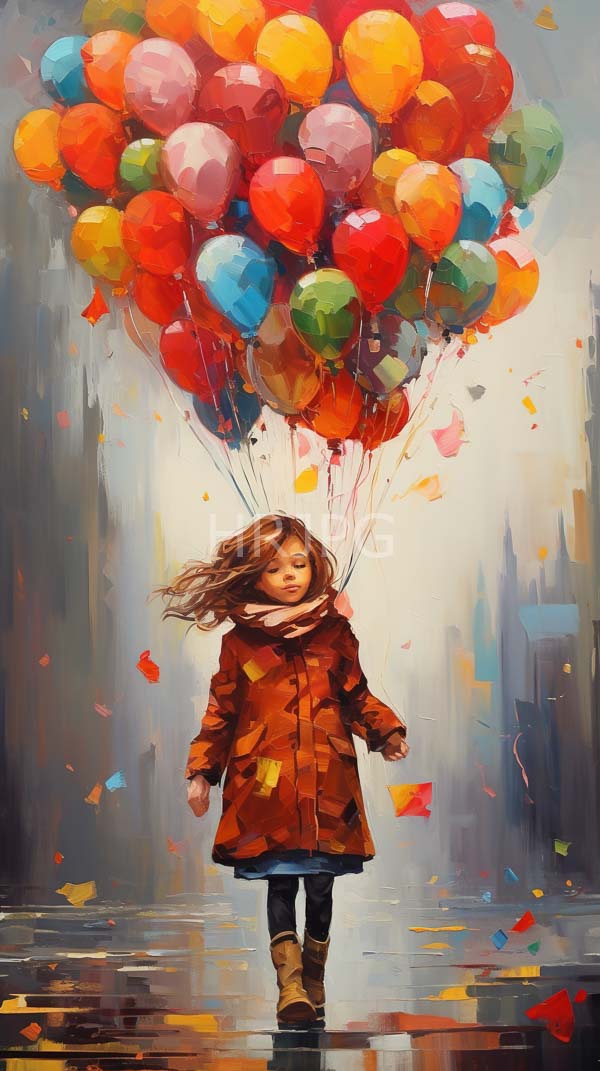 High Resolution: Young girl with light brown hair wears an orange coat blue jeans and brown boots floating in the air with a large bouquet of colorful balloons and confetti download. | HRJPG.com