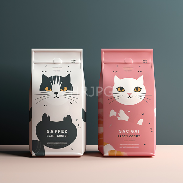 High Resolution: Two standing paper coffee bags against a teal background: the left is white with a black cat and the right is pink with a white cat illustration download. | HRJPG.com