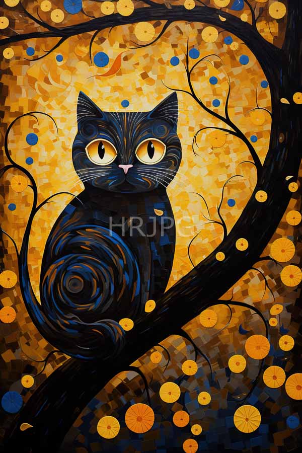 High Resolution: Black cat with large expressive yellow eyes sits on a black tree branch with its fur textured with blue and yellow swirls against a vibrant abstract pattern of yellow and orange circles download. | HRJPG.com