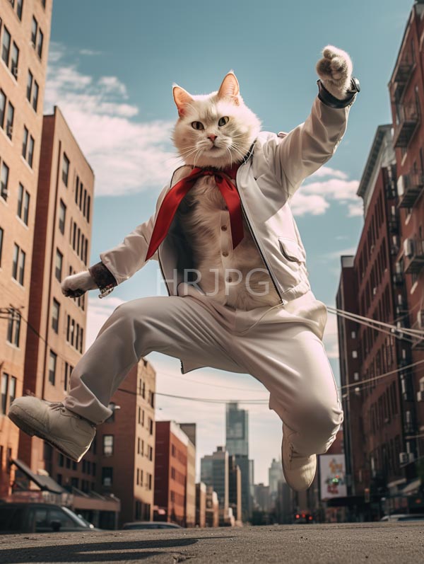 High Resolution: White cat dressed in a white suit with a red necktie is mid-leap in a city street with a determined expression against a background of tall brick buildings download. | HRJPG.com