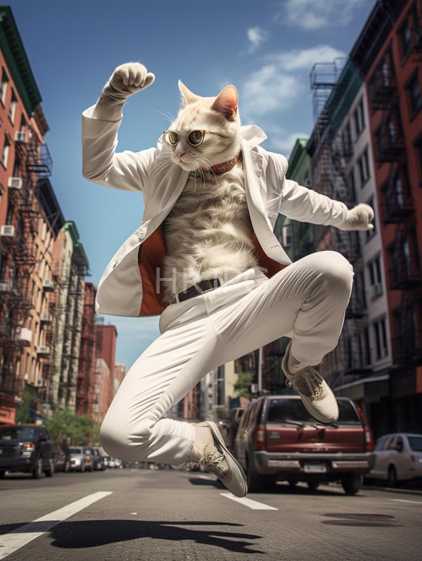 High Resolution: White anthropomorphic cat with a muscular build jumps mid-air in a city street wearing a white open shirt white pants and white sneakers with a red collar download. | HRJPG.com
