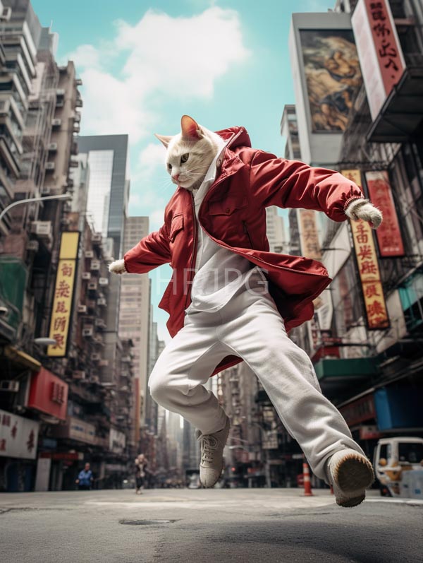 High Resolution: White cat is mid-leap in an urban street wearing a red jacket white pants and white sneakers against a background of tall densely packed buildings with Chinese signage download. | HRJPG.com