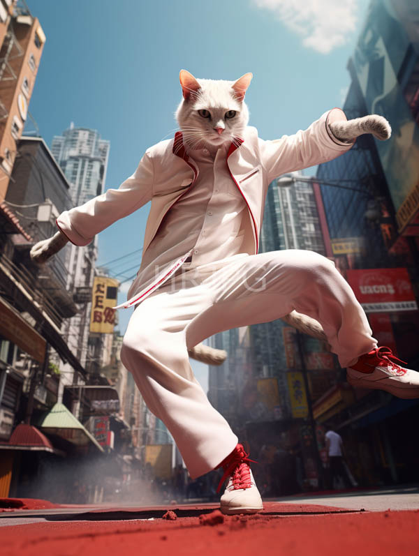 High Resolution: White cat in a white red-trimmed 1970s-style suit and red sneakers performs a dynamic martial arts kick on a bustling urban street with blue eyes and a focused expression download. | HRJPG.com