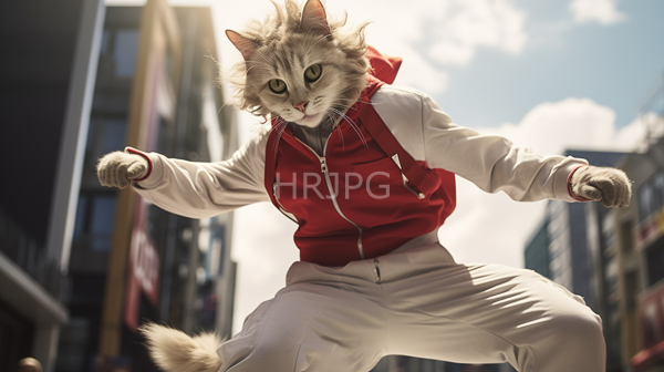 High Resolution: Fluffy gray tabby cat with green eyes wearing a red and white zip-up hoodie and white pants is mid-jump in a sunlit urban street download. | HRJPG.com