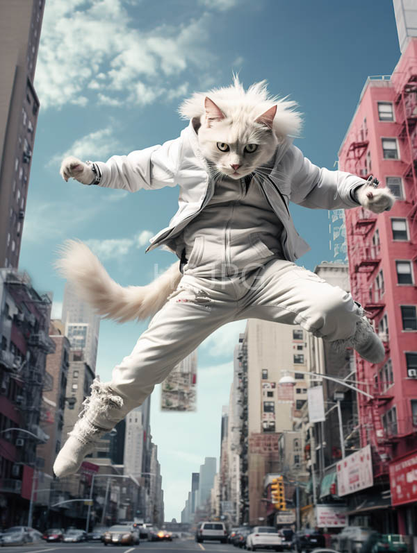 High Resolution: White fluffy cat with blue eyes wears a white jacket and pants mid-jump in a bustling urban street with a determined expression and flowing tail download. | HRJPG.com