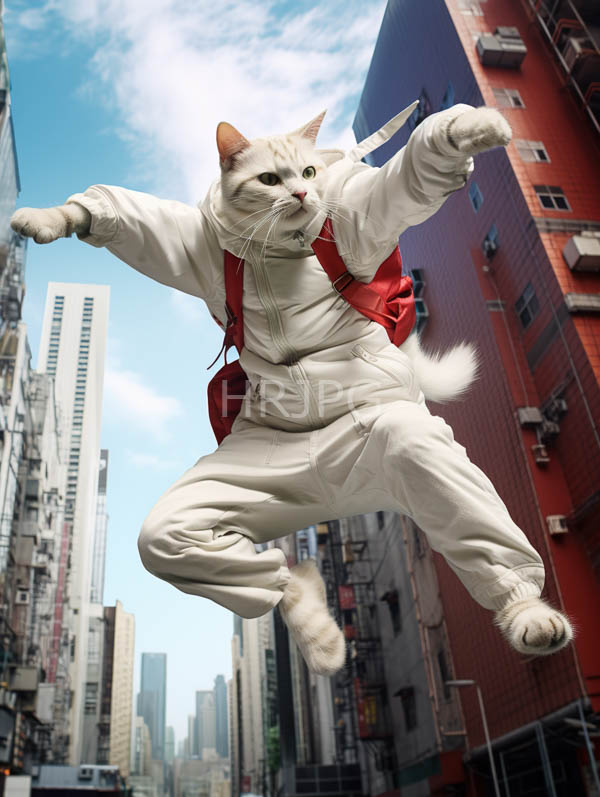 High Resolution: White cat with orange ears wears a white hoodie pants and a red backpack mid-jump in an urban alleyway with outstretched paws download. | HRJPG.com