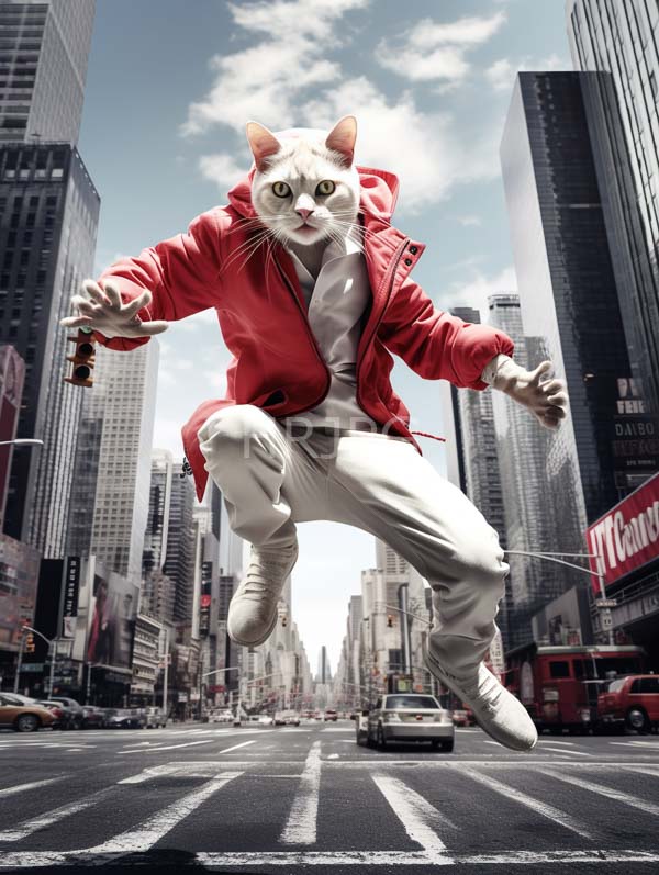 High Resolution: White cat with green eyes wears a red hooded jacket and white pants mid-jump in a bustling city street holding a small object in its right paw download. | HRJPG.com