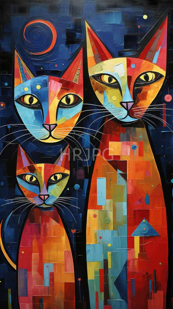 High Resolution: Vibrant abstract digital painting features three stylized cats with large expressive eyes in a colorful geometric style with red blue yellow and orange shapes download. | HRJPG.com