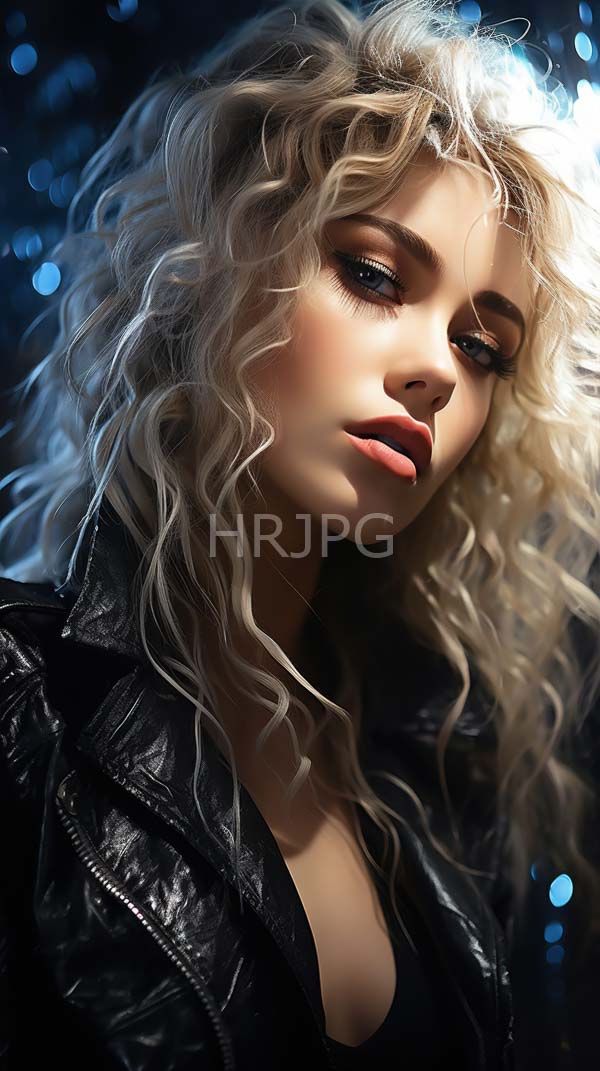 High Resolution: Young woman with wavy platinum blonde hair wears a black leather jacket with fair skin full pink lips and striking blue eyes against a bokeh background download. | HRJPG.com