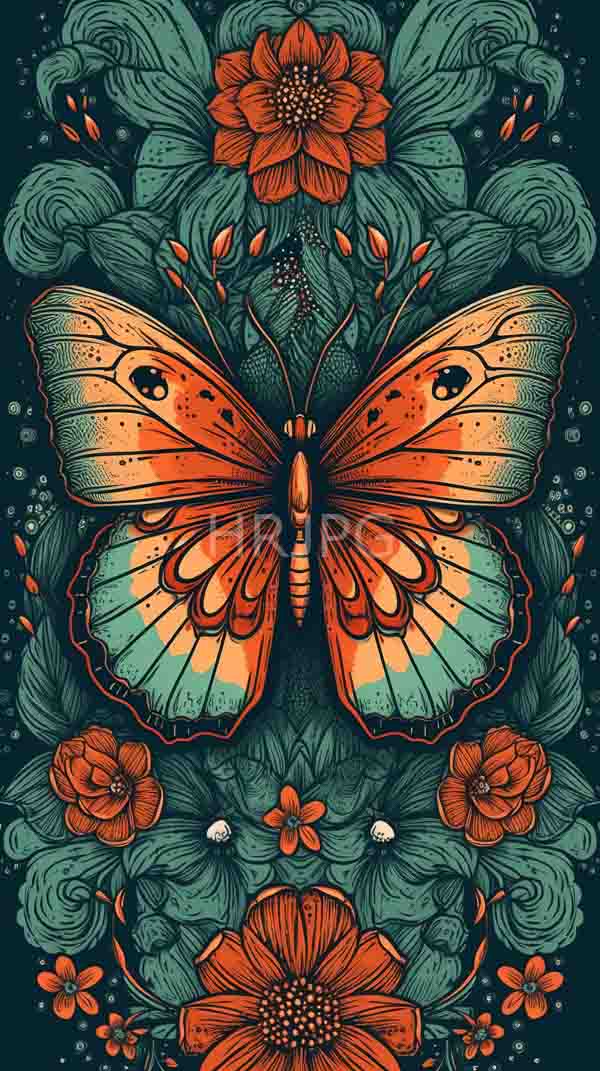 High Resolution: Vibrant orange butterfly with intricate black and teal patterns is centered among lush swirling green leaves and orange flowers against a dark teal background download. | HRJPG.com