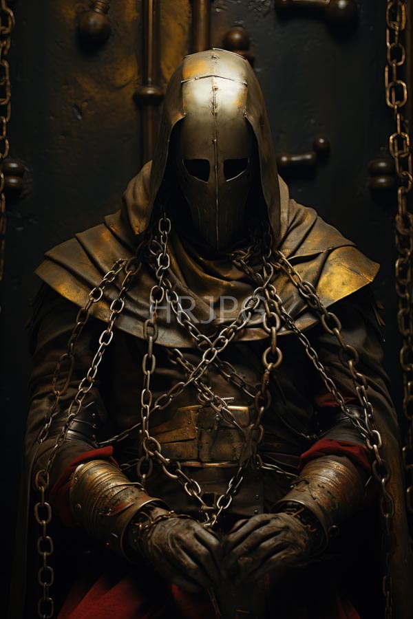 High Resolution: Medieval knight in dark metallic armor with a full-face helmet is seated against a dark metal door with large heavy chains draped over the shoulders and chest download. | HRJPG.com