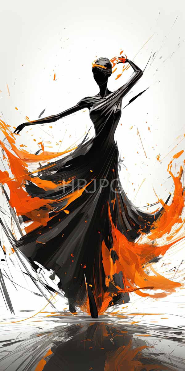 High Resolution: Silhouetted slender woman in a flowing black dress dances dynamically surrounded by bright orange and black brushstroke patterns creating a sense of motion download. | HRJPG.com