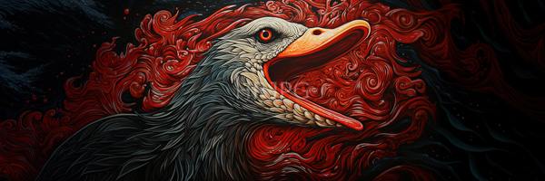 High Resolution: Detailed stylized bird with an open vibrant orange beak and intense red eyes has gray textured feathers contrasting with swirling fiery red and black background patterns download. | HRJPG.com