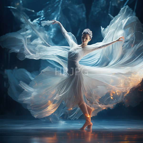 High Resolution: Ballerina in a flowing translucent white dress with delicate lace detailing dances on a reflective stage illuminated by soft ethereal light download. | HRJPG.com