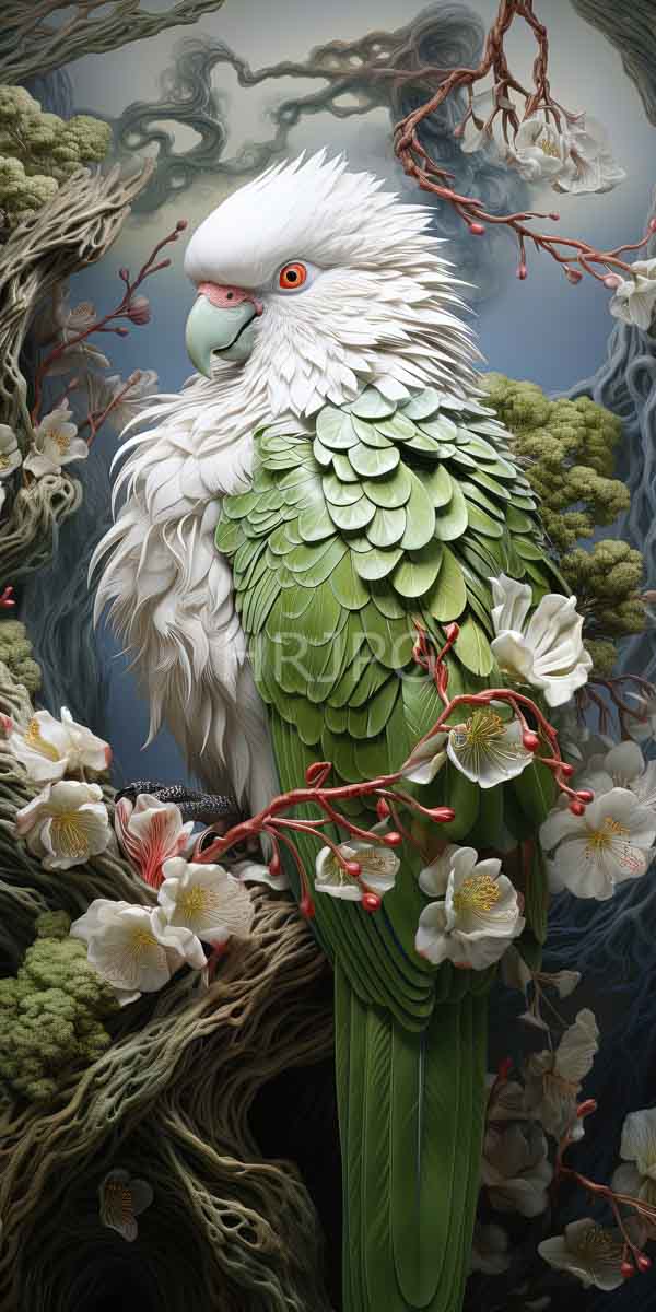 High Resolution: Detailed green and white cockatoo with red eyes is perched on a gnarled tree branch adorned with white flowers against a misty forest-like setting download. | HRJPG.com