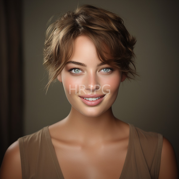 High Resolution: Young woman with light brown wavy short hair blue eyes and fair skin has a subtle smile wearing a sleeveless beige top against a blurred dark green background download. | HRJPG.com