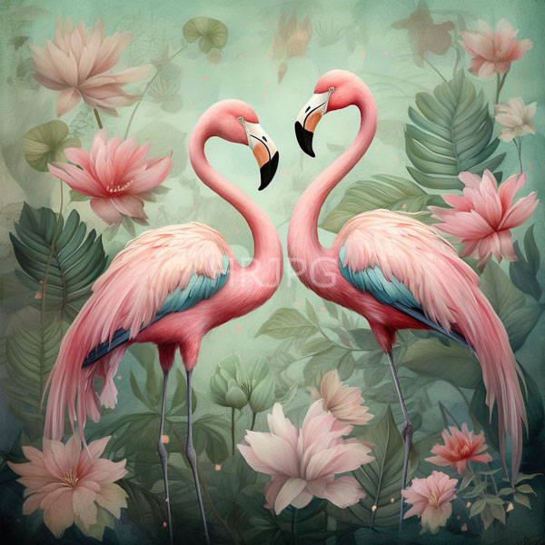 High Resolution: Two pink flamingos with blue and white accents stand gracefully with necks curved in a heart shape surrounded by large pink lotus flowers and lush green leaves download. | HRJPG.com