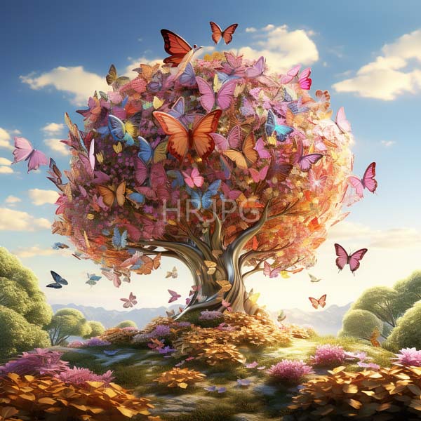 High Resolution: Whimsical tree with a dense canopy of colorful butterflies (pink orange blue) stands on a sunlit hill surrounded by green bushes and a clear blue sky download. | HRJPG.com