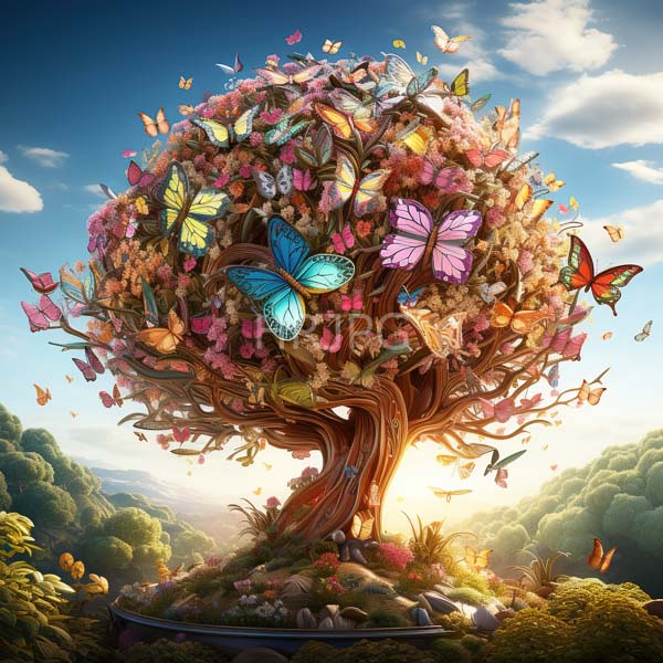 High Resolution: Whimsical spherical tree is adorned with vibrant butterflies and pink flowers with sunlight streaming through its foliage download. | HRJPG.com