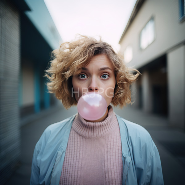 High Resolution: Blonde woman with curly hair blue eyes and fair skin is blowing pink bubble gum in an alleyway wearing a pink turtleneck and light blue jacket download. | HRJPG.com
