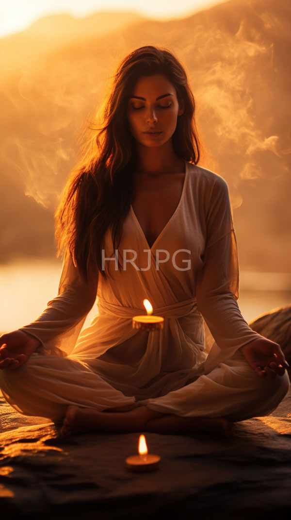 High Resolution: Serene dark-haired woman with long wavy hair sits cross-legged on a rocky shore at sunset meditating with eyes closed and a small candle burning in front of her download. | HRJPG.com