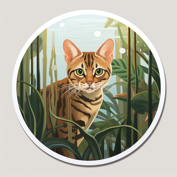 High Resolution: Tabby cat with green eyes orange and black striped fur stands amidst tall lush green plants centered looking directly at the viewer download. | HRJPG.com