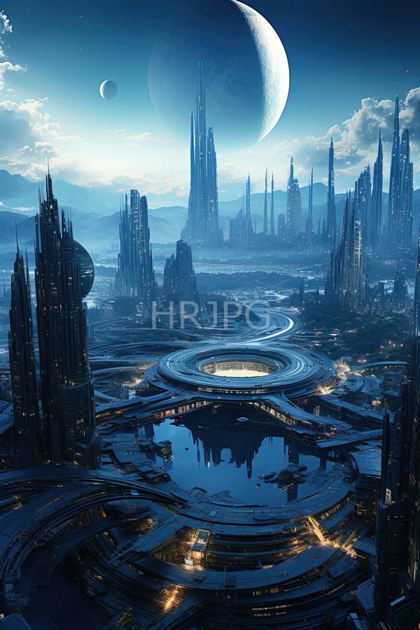 High Resolution: Futuristic cityscape under a twilight sky has two large planets with tall spire-like skyscrapers surrounding a central circular water-filled plaza download. | HRJPG.com